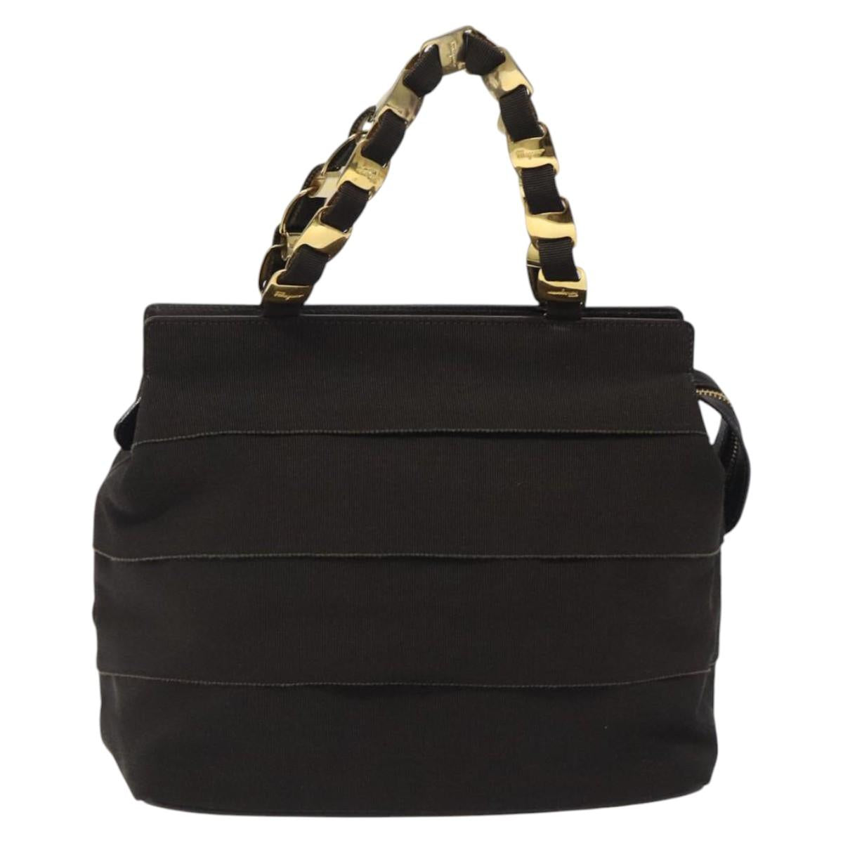 Salvatore Ferragamo Vala Hand Bag Canvas Dark Brown Gold Auth 119792