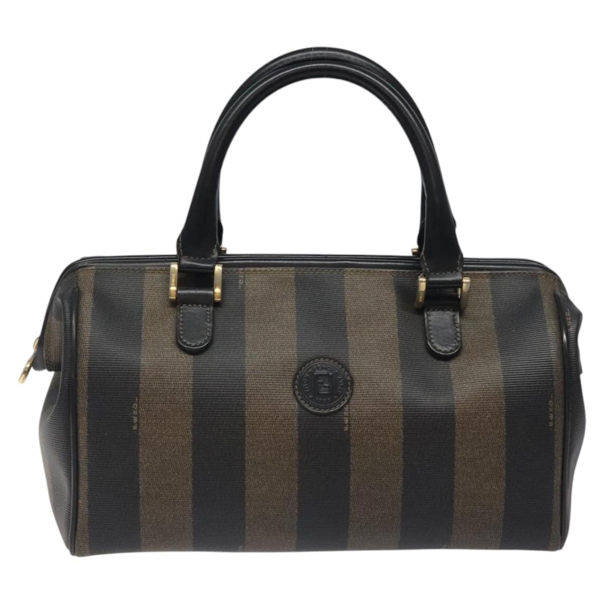 FENDI Pecan Canvas Hand Bag PVC Brown Gold Auth 119823