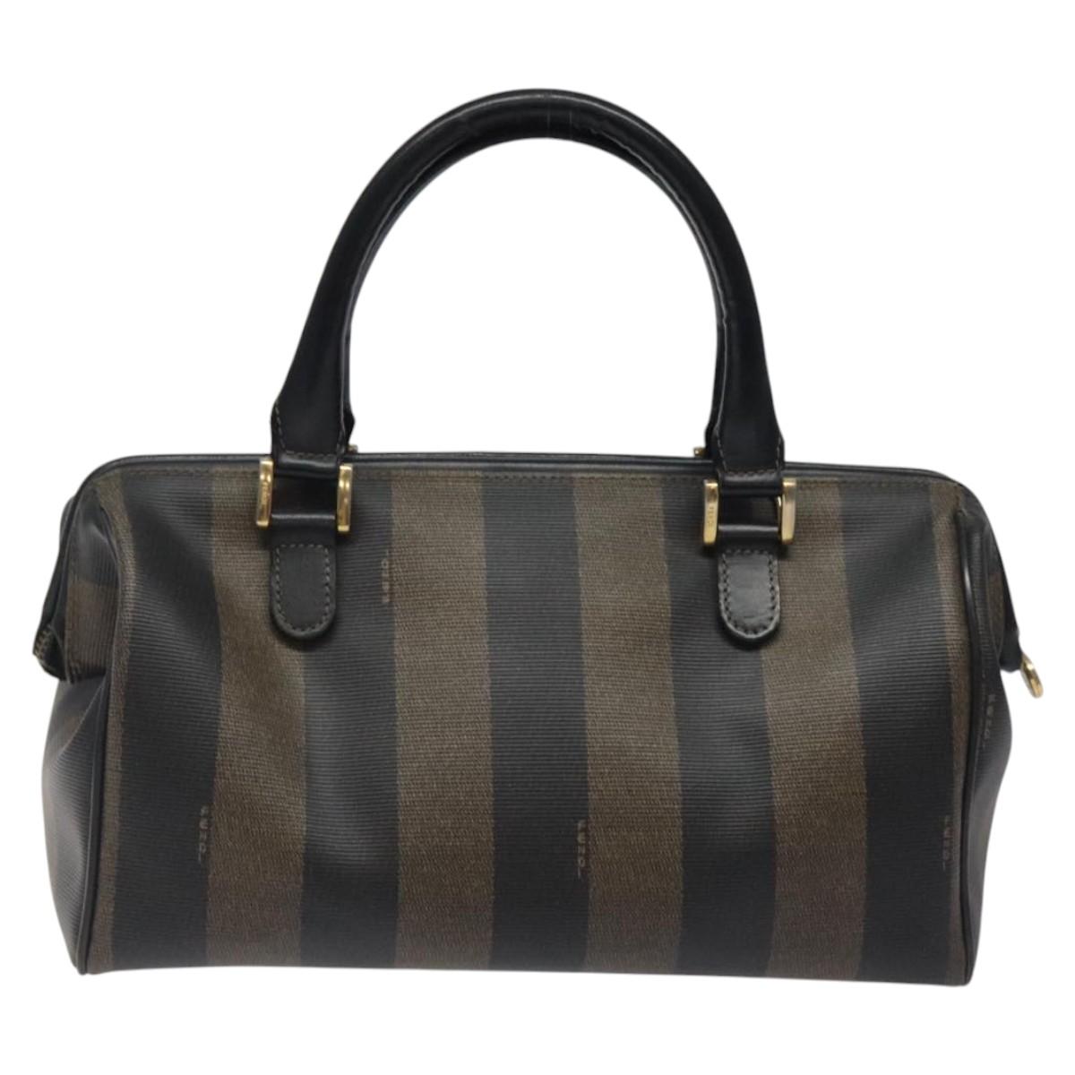 FENDI Pecan Canvas Hand Bag PVC Brown Gold Auth 119823