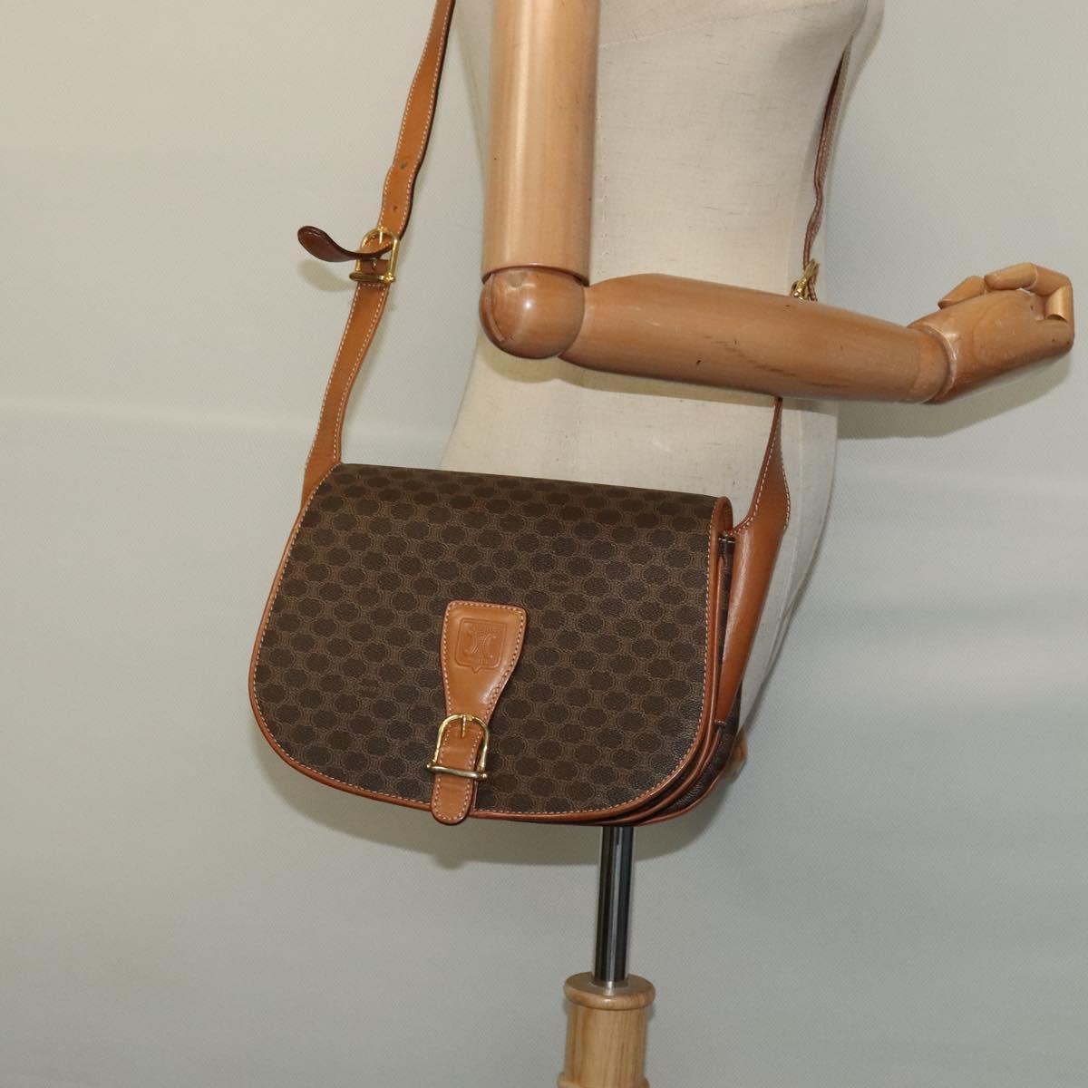 CELINE Macadam Canvas Shoulder Bag PVC Leather Brown Gold Auth 119835