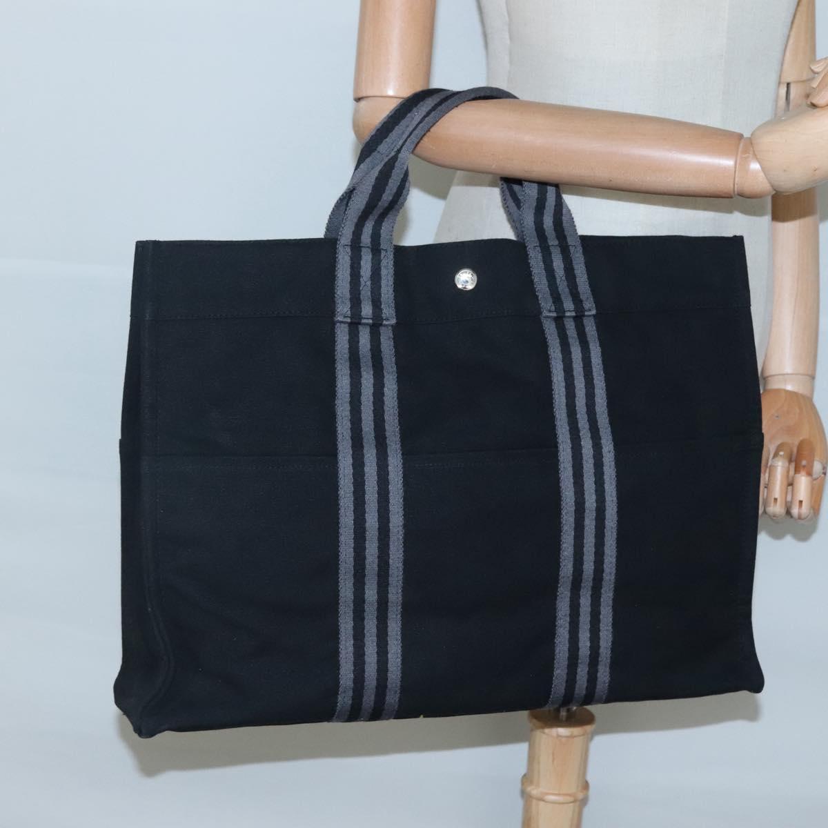 HERMES Fourre Tout MM Hand Bag Canvas Black Silver Auth 119846