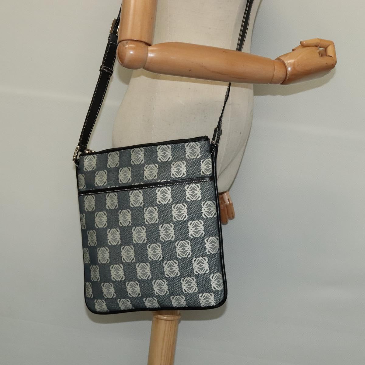 LOEWE Anagram Shoulder Bag Canvas Leather Gray Black Silver Auth 119873