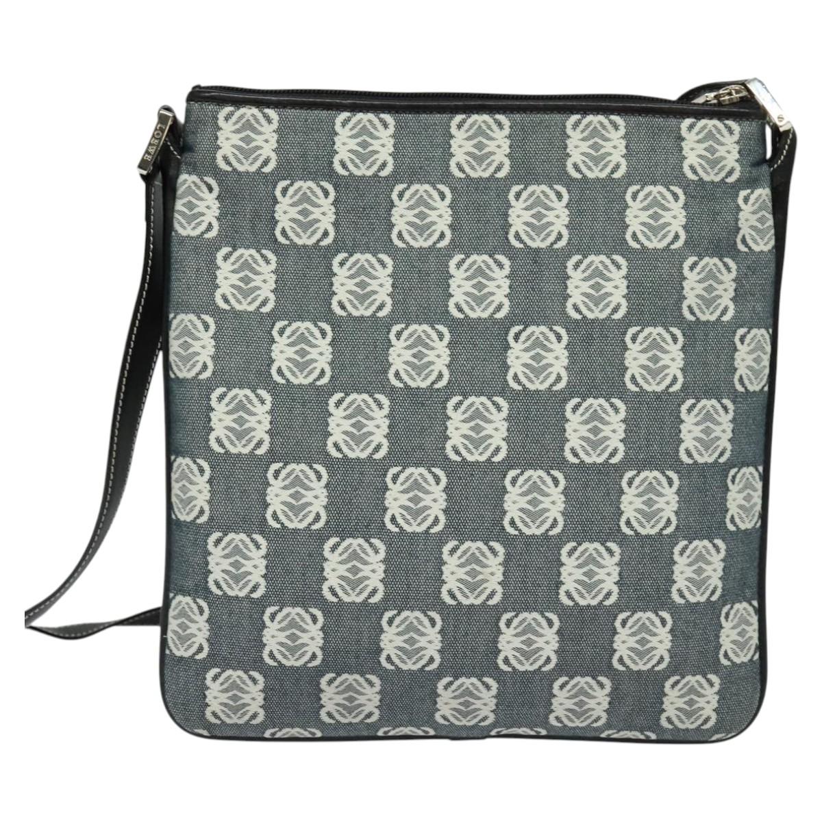 LOEWE Anagram Shoulder Bag Canvas Leather Gray Black Silver Auth 119873