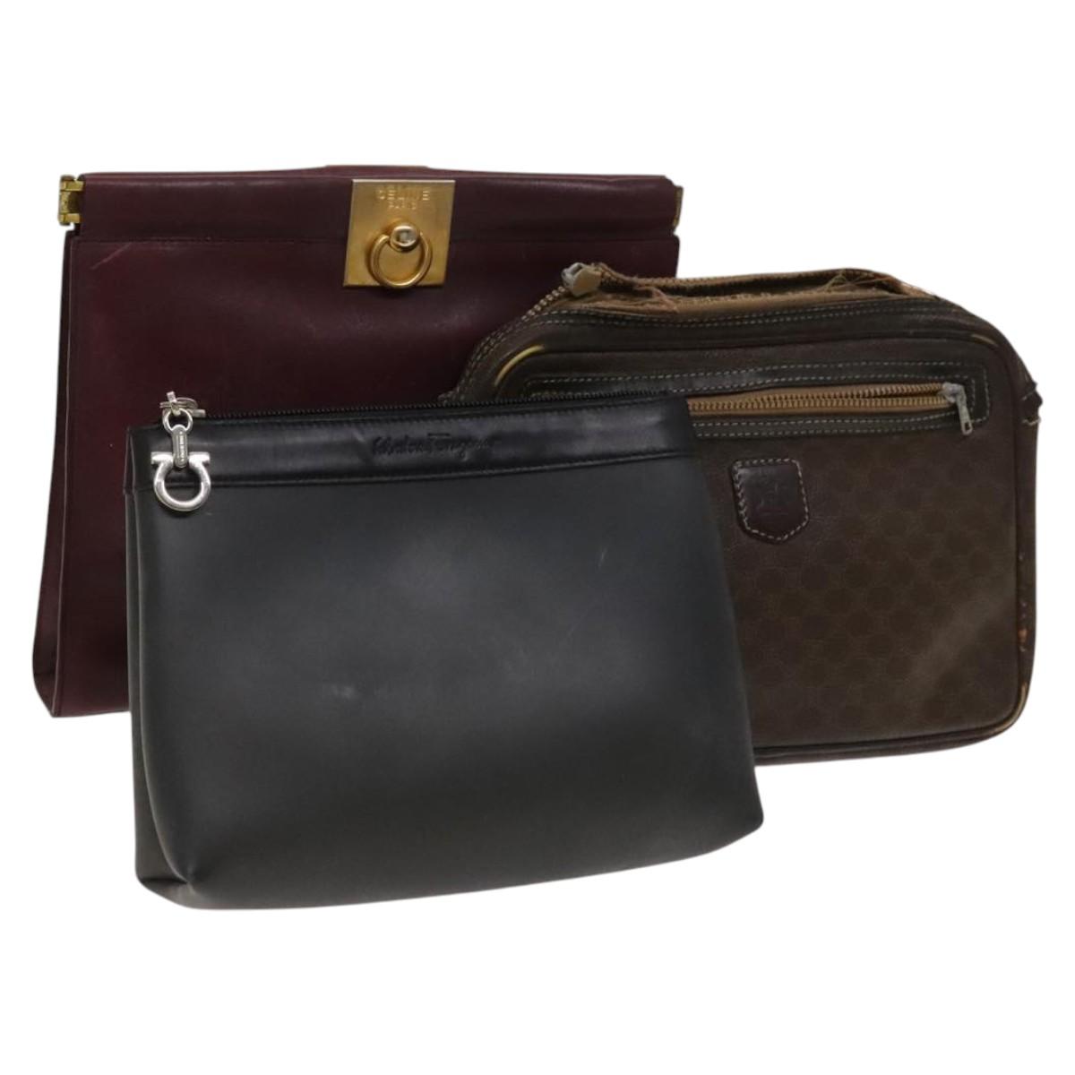 Salvatore Ferragamo Celine Macadam Canvas Bag PVC 3Set Brown Black Auth 119946