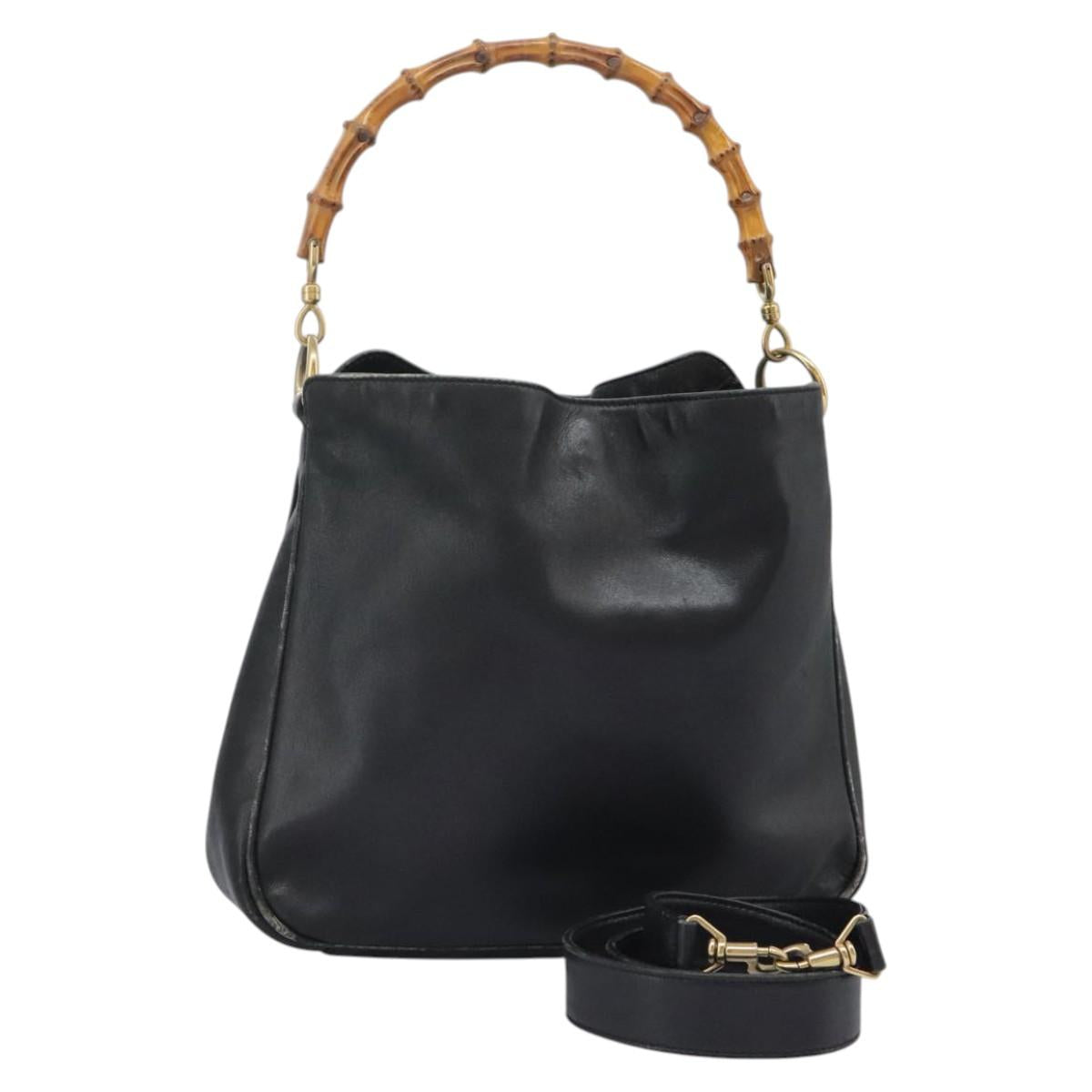 GUCCI Bamboo Shoulder Bag Leather 2way Black Gold 001 3754 1638 Auth 119968