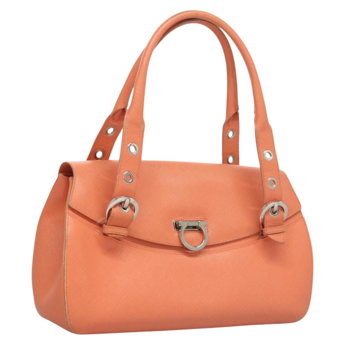 Salvatore Ferragamo Gancini Hand Bag Leather Orange Silver Auth 119985