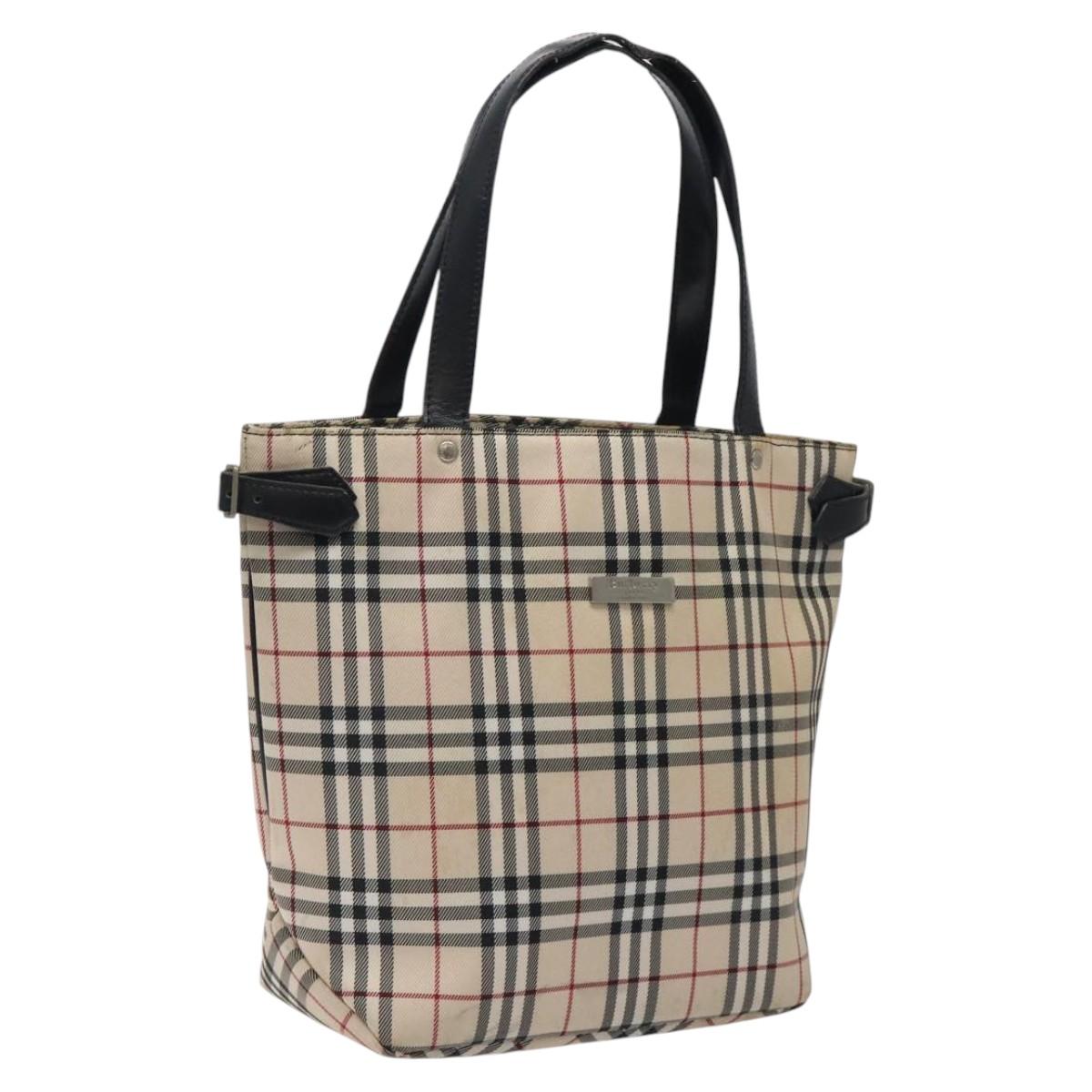 BURBERRY Nova Check Blue Label Tote Bag Canvas Beige Silver Auth 119986