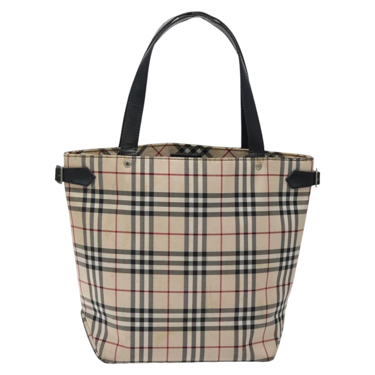 BURBERRY Nova Check Blue Label Tote Bag Canvas Beige Silver Auth 119986