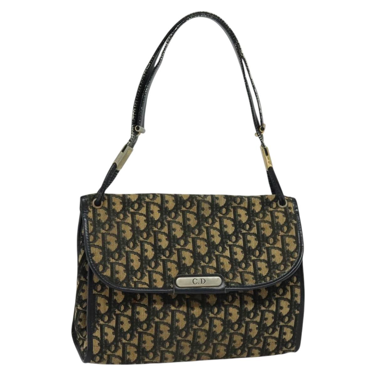 Christian Dior Trotter Canvas Shoulder Bag Navy Gold Auth 120014