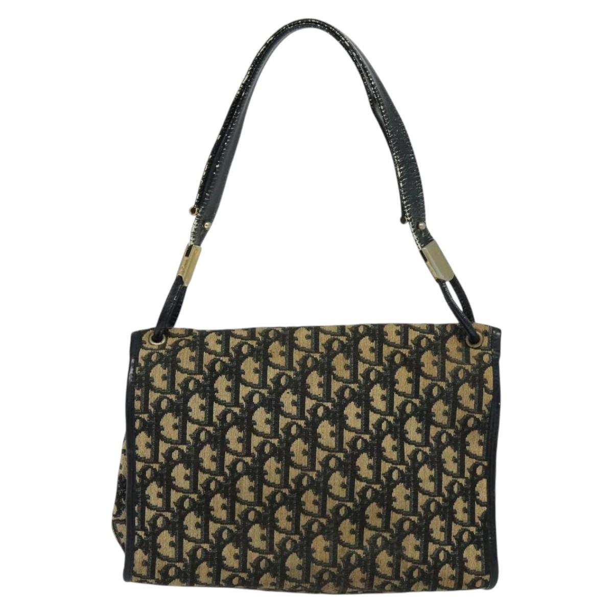 Christian Dior Trotter Canvas Shoulder Bag Navy Gold Auth 120014