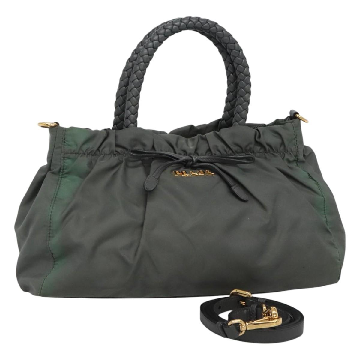 PRADA Hand Bag Nylon 2way Khaki Gold Auth 120026