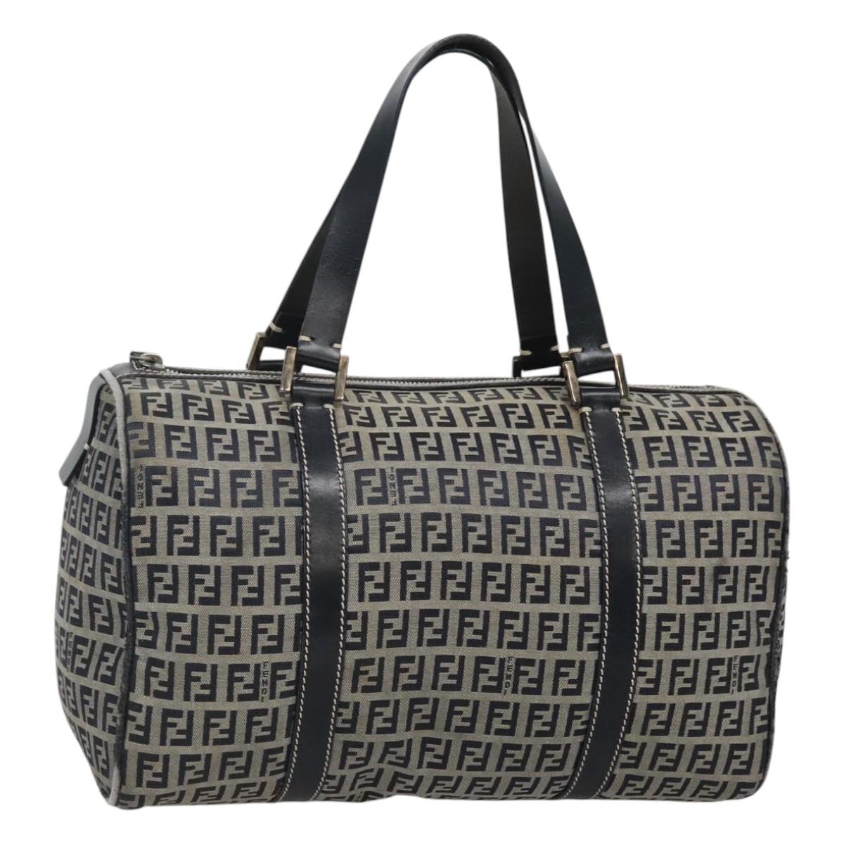 FENDI Zucchino Canvas Boston Bag Navy Silver Auth 120038