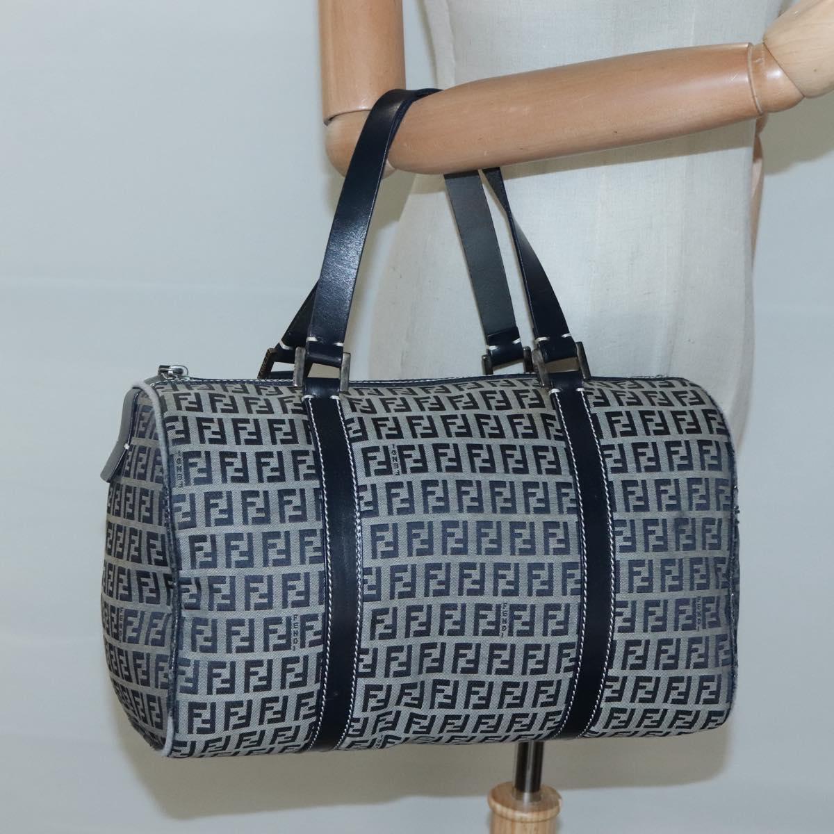 FENDI Zucchino Canvas Boston Bag Navy Silver Auth 120038