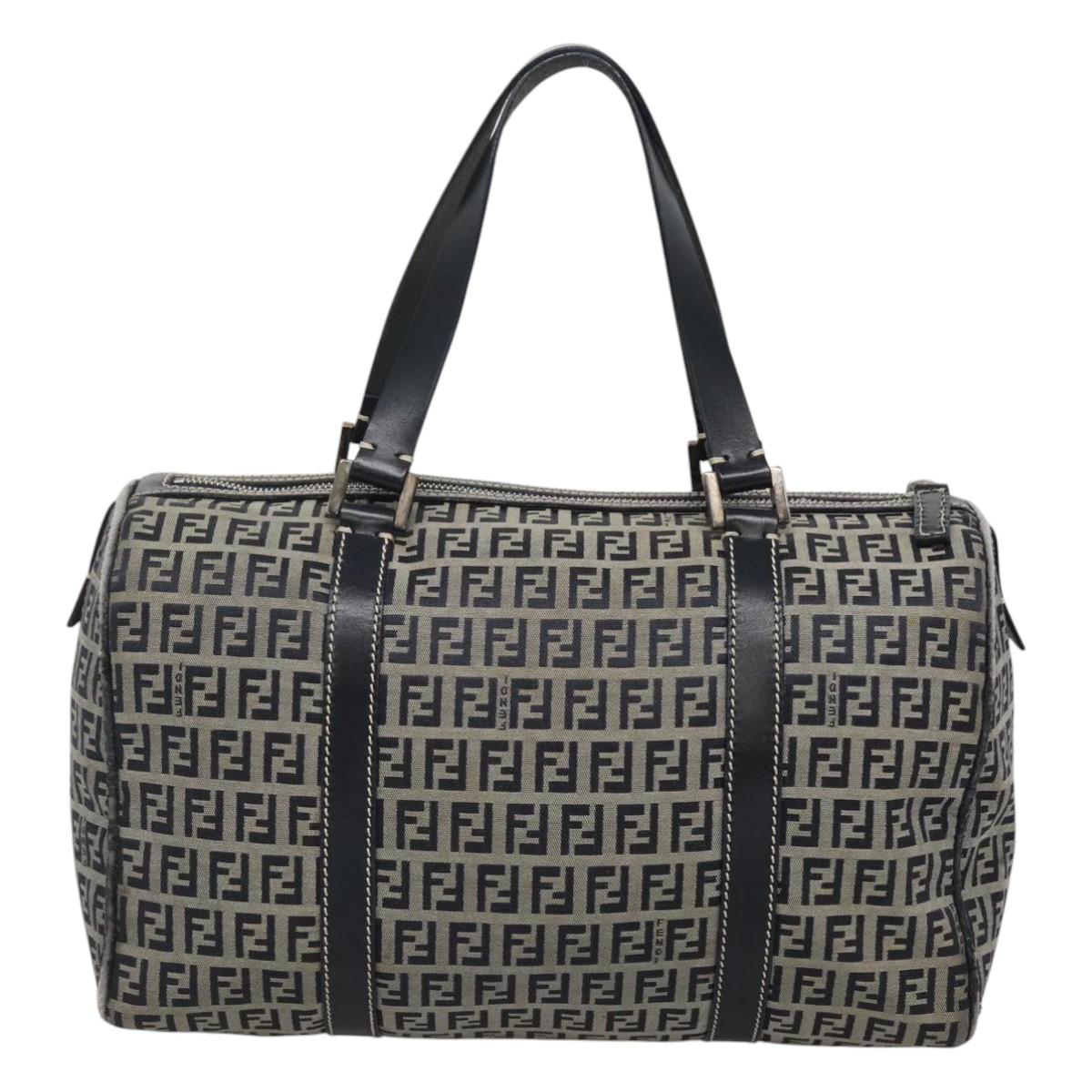 FENDI Zucchino Canvas Boston Bag Navy Silver Auth 120038
