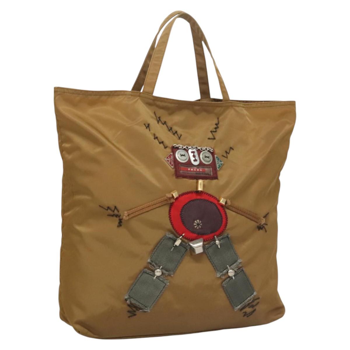 PRADA Tote Bag Nylon Khaki Silver Auth 120103