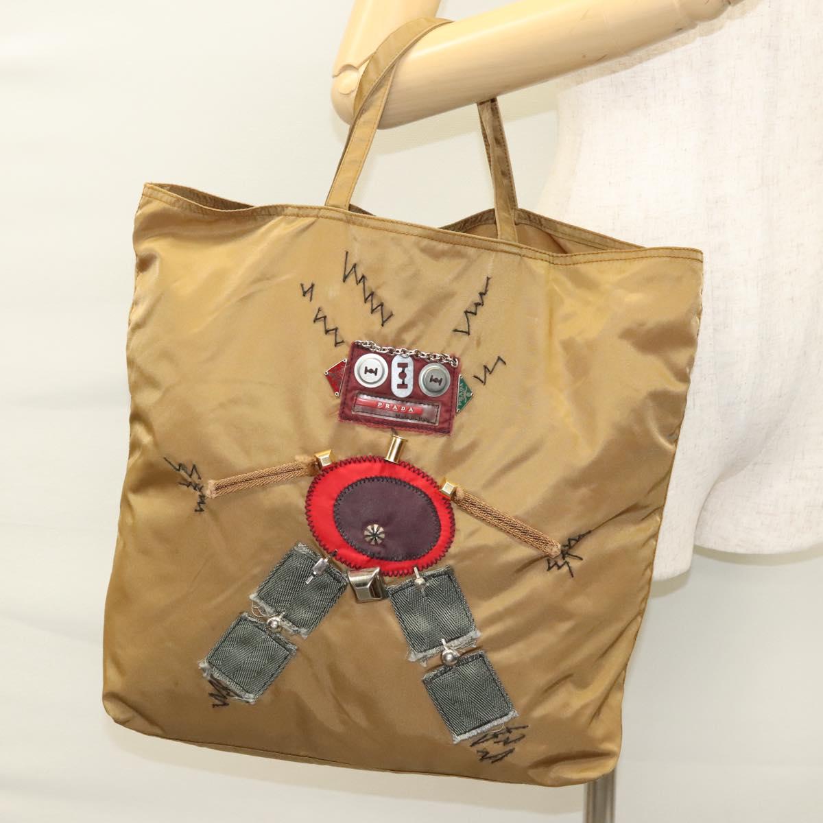 PRADA Tote Bag Nylon Khaki Silver Auth 120103