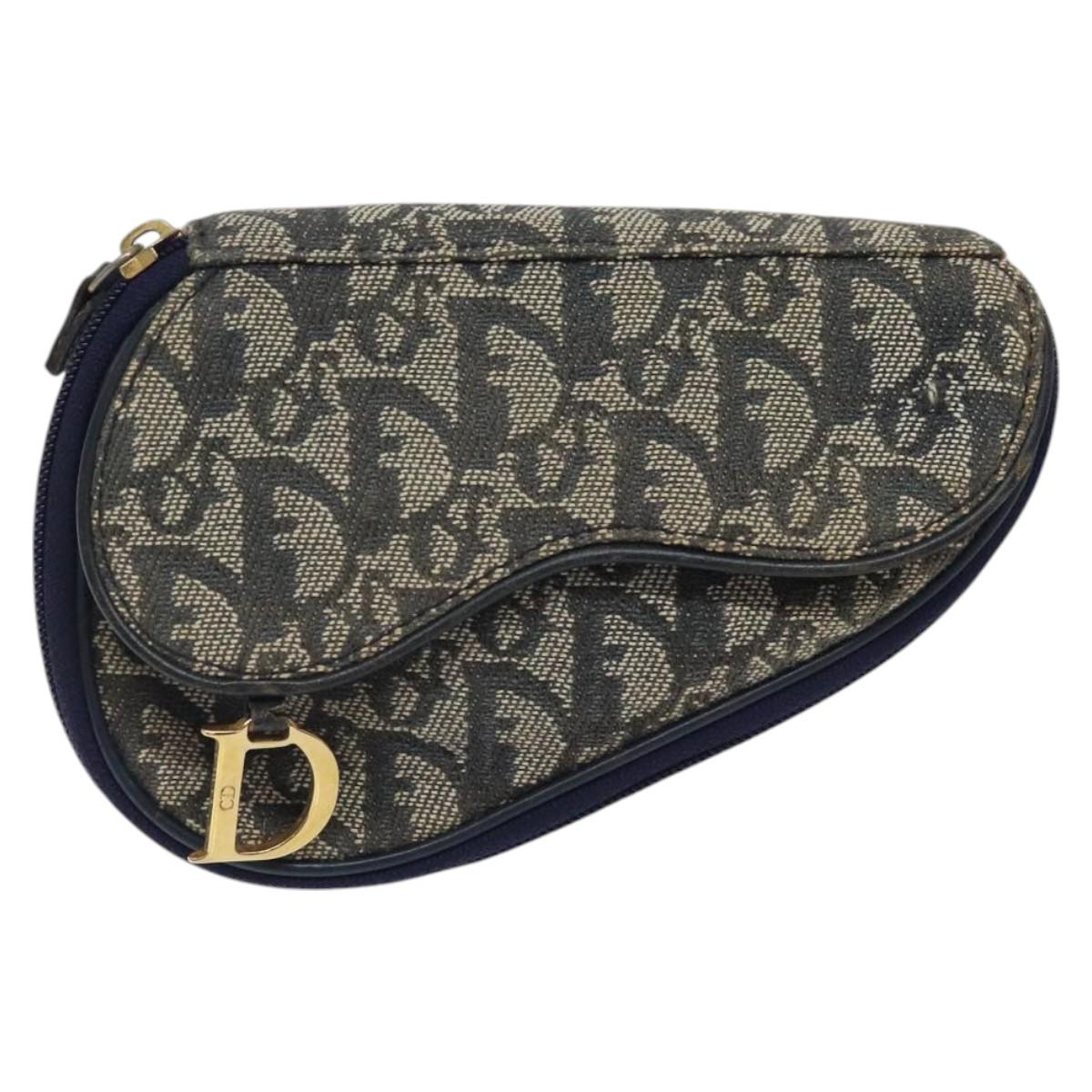 Christian Dior Trotter Canvas Saddle Pouch Navy Gold Auth 120108