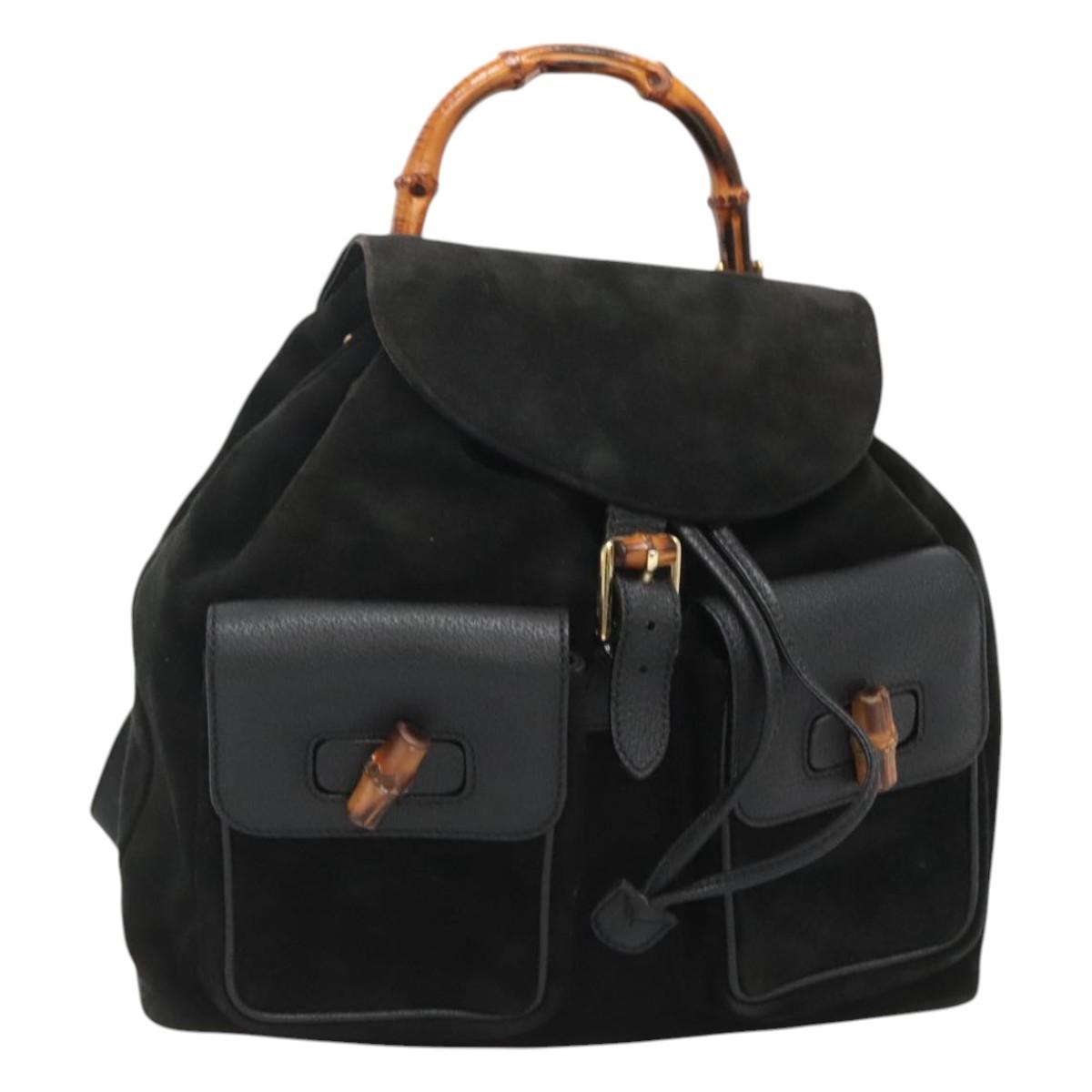 GUCCI Bamboo Backpack Suede Black Gold Auth 120117