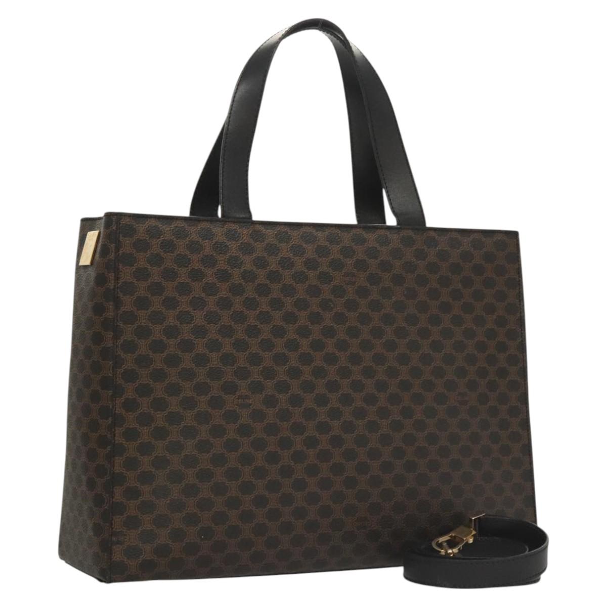 CELINE Macadam Canvas Hand Bag PVC Leather 2way Black Gold Auth 120130