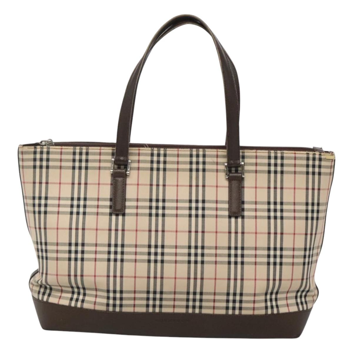 BURBERRY Nova Check Tote Bag Canvas Beige Silver Auth 120152