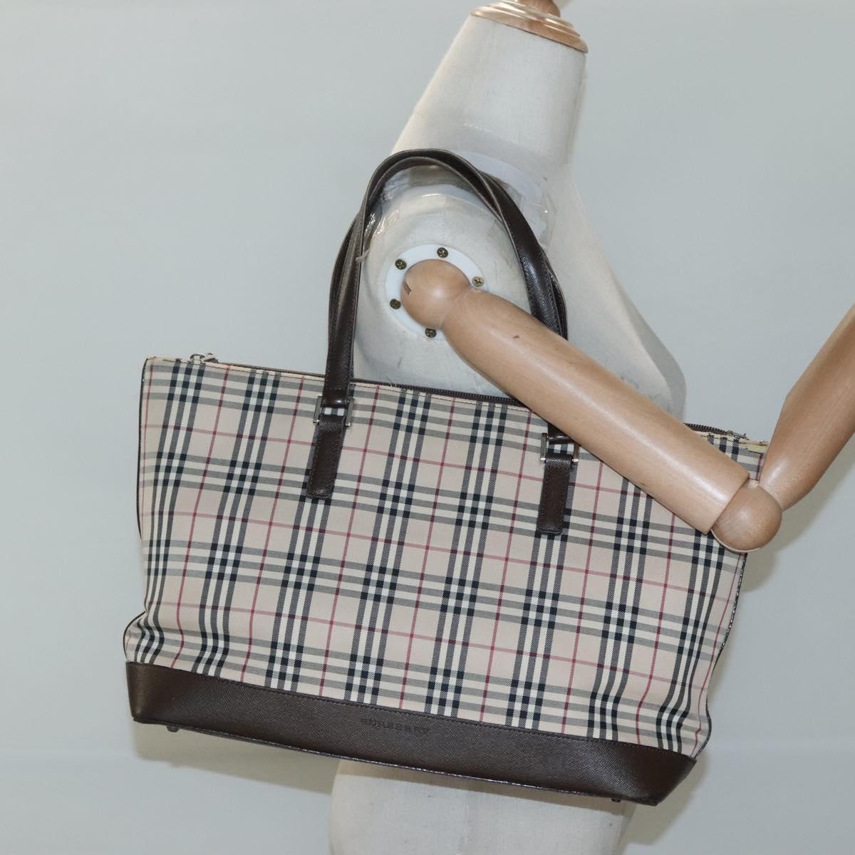 BURBERRY Nova Check Tote Bag Canvas Beige Silver Auth 120152