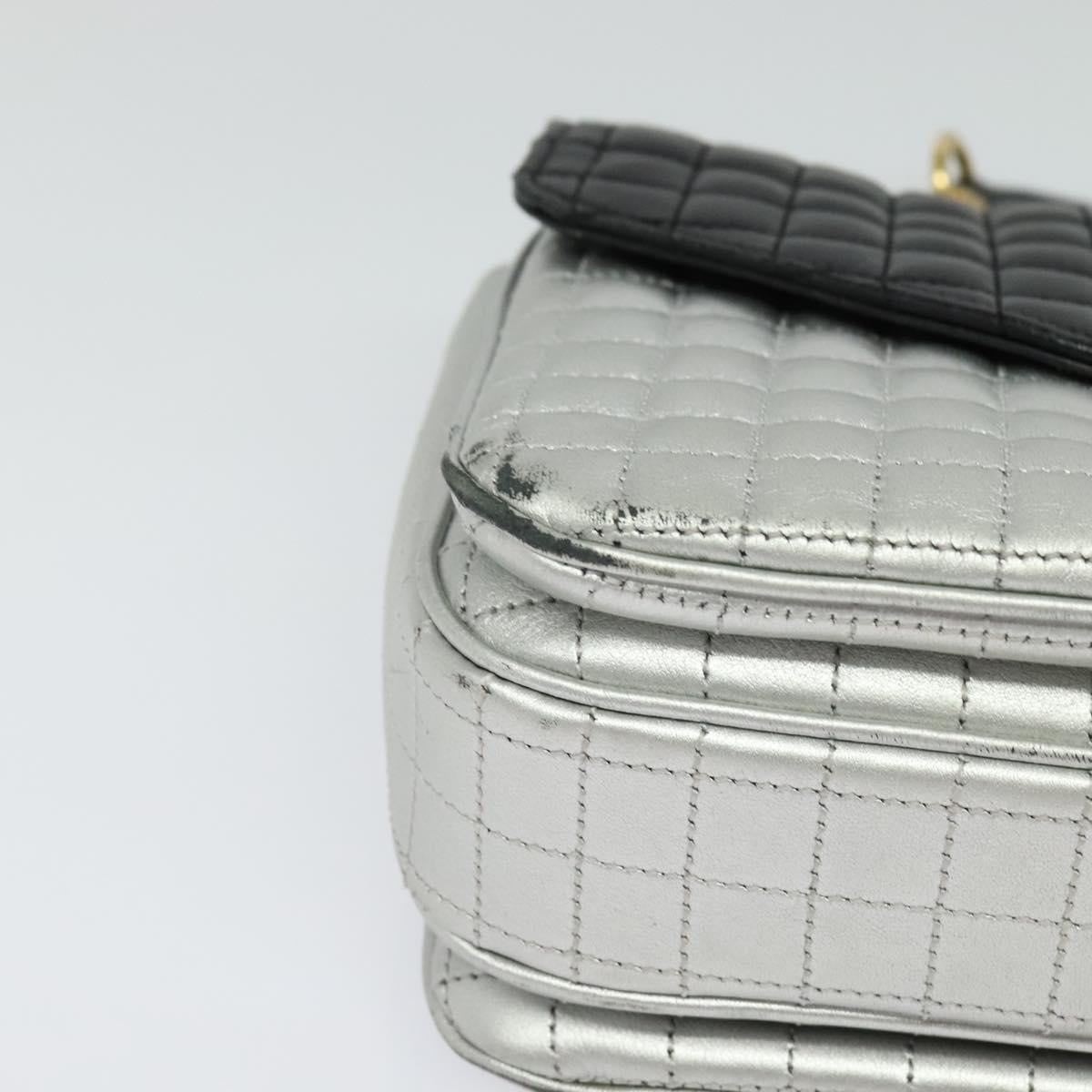 CELINE Chain Shoulder Bag Leather Silver Black gold Auth 120162