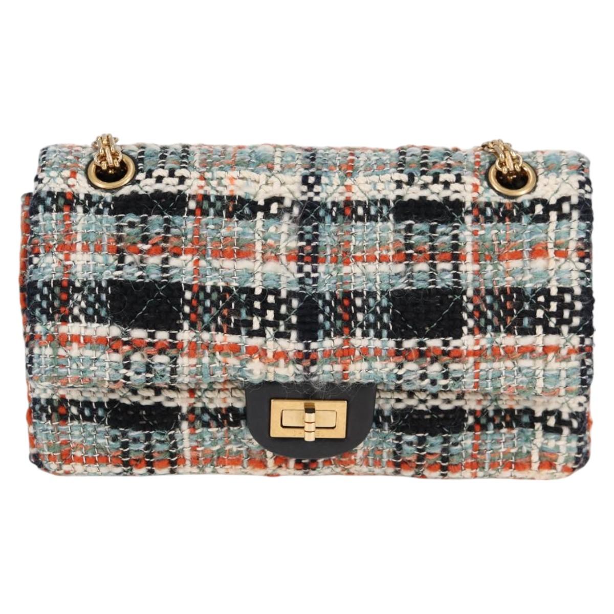 CHANEL Matelasse Chain Shoulder Bag Tweed Light Blue Gold CC Auth 120174M