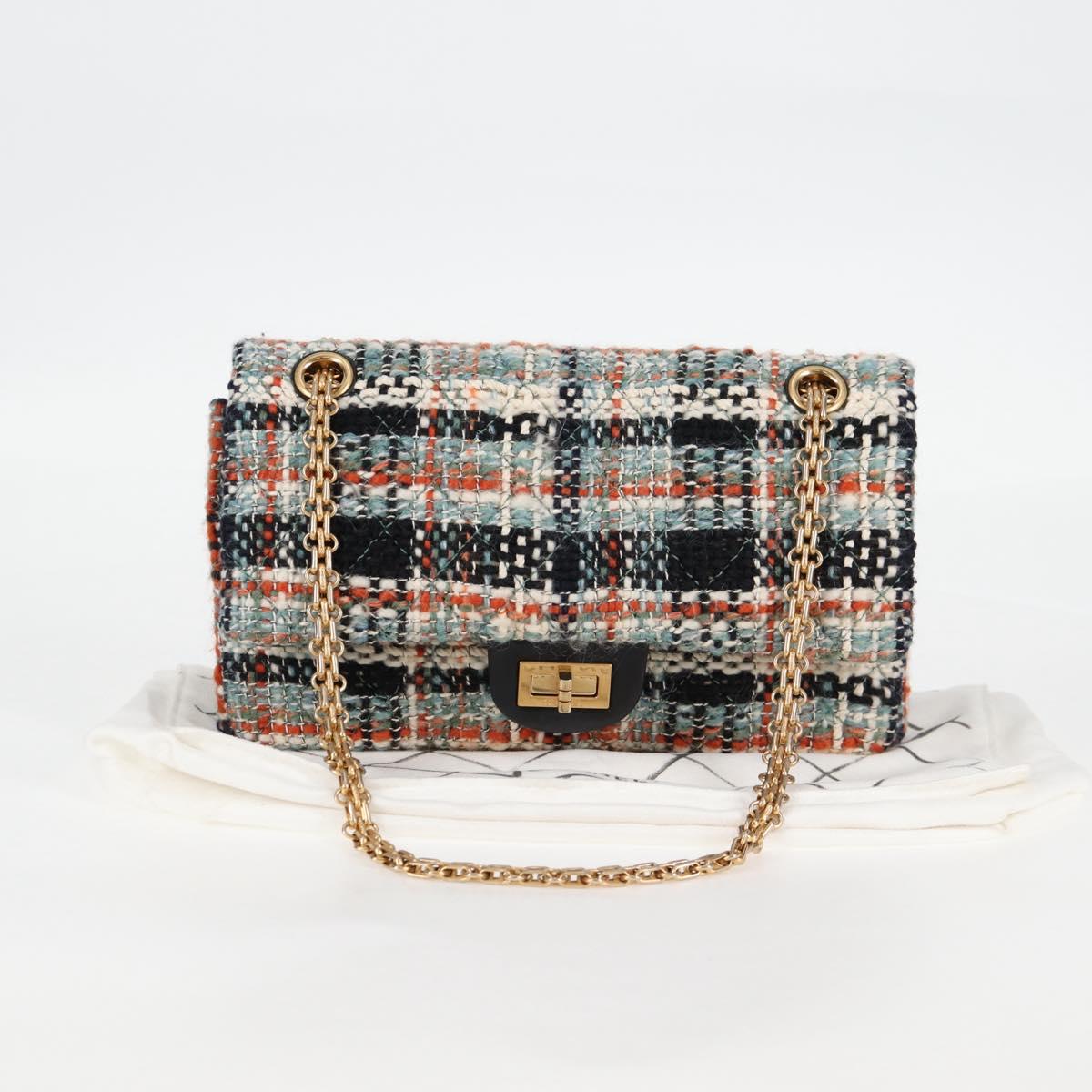 CHANEL Matelasse Chain Shoulder Bag Tweed Light Blue Gold CC Auth 120174M