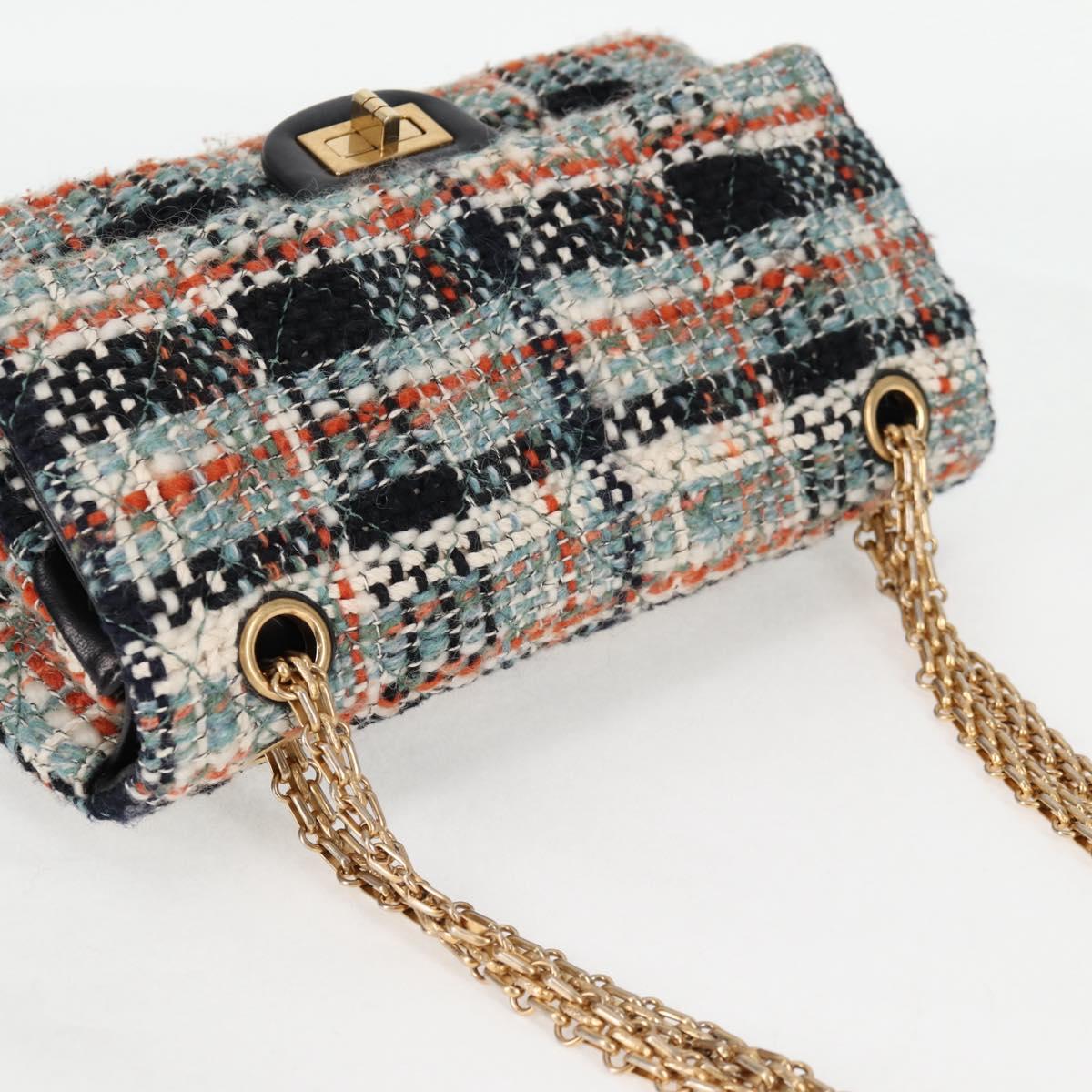 CHANEL Matelasse Chain Shoulder Bag Tweed Light Blue Gold CC Auth 120174M