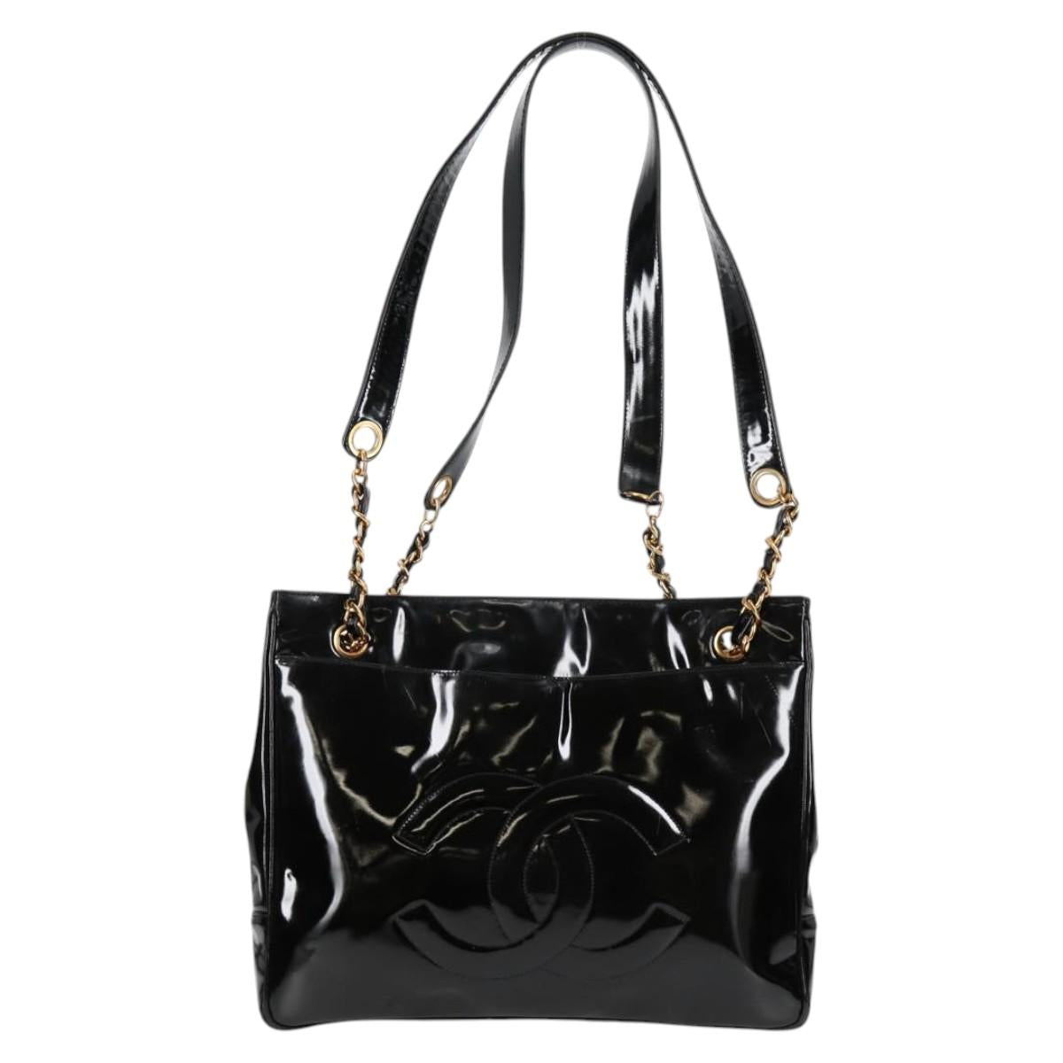 CHANEL Matelasse Tote Bag Patent leather Black Gold CC Auth 120184