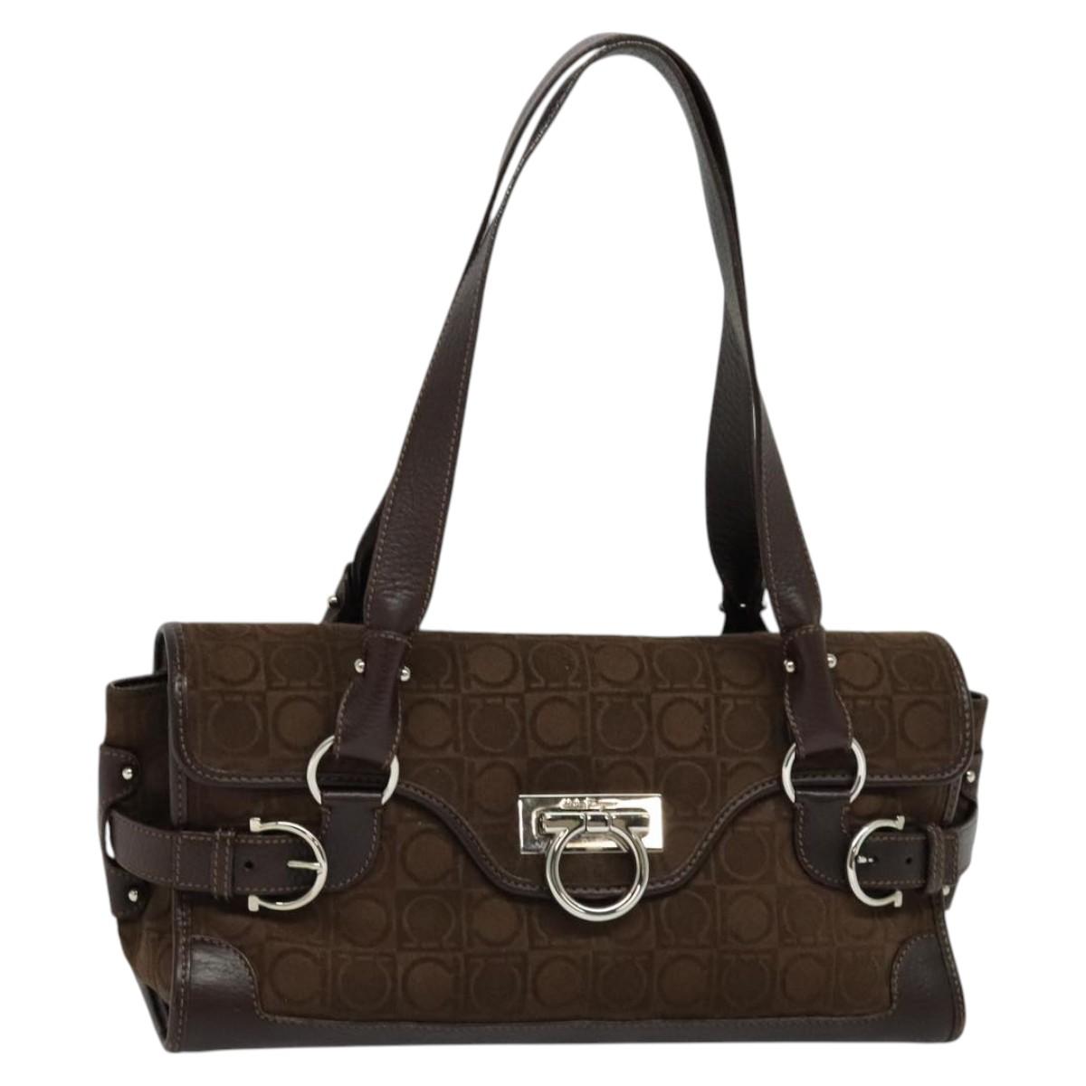 Salvatore Ferragamo Gancini Hand Bag Pile Brown Silver Auth 120195