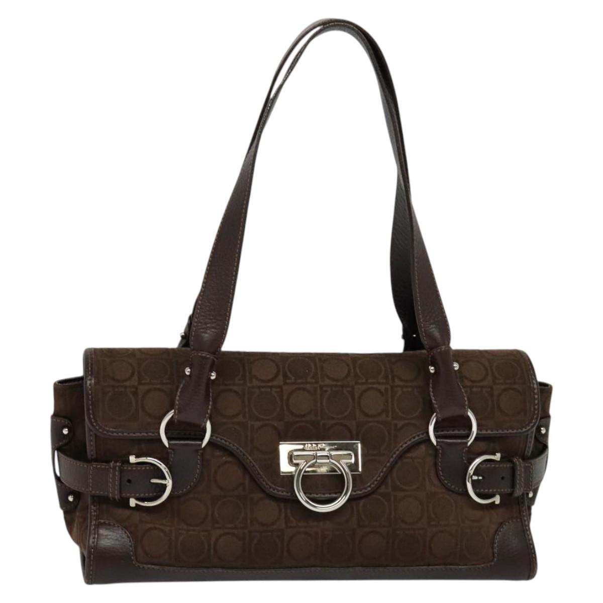 Salvatore Ferragamo Gancini Hand Bag Pile Brown Silver Auth 120195