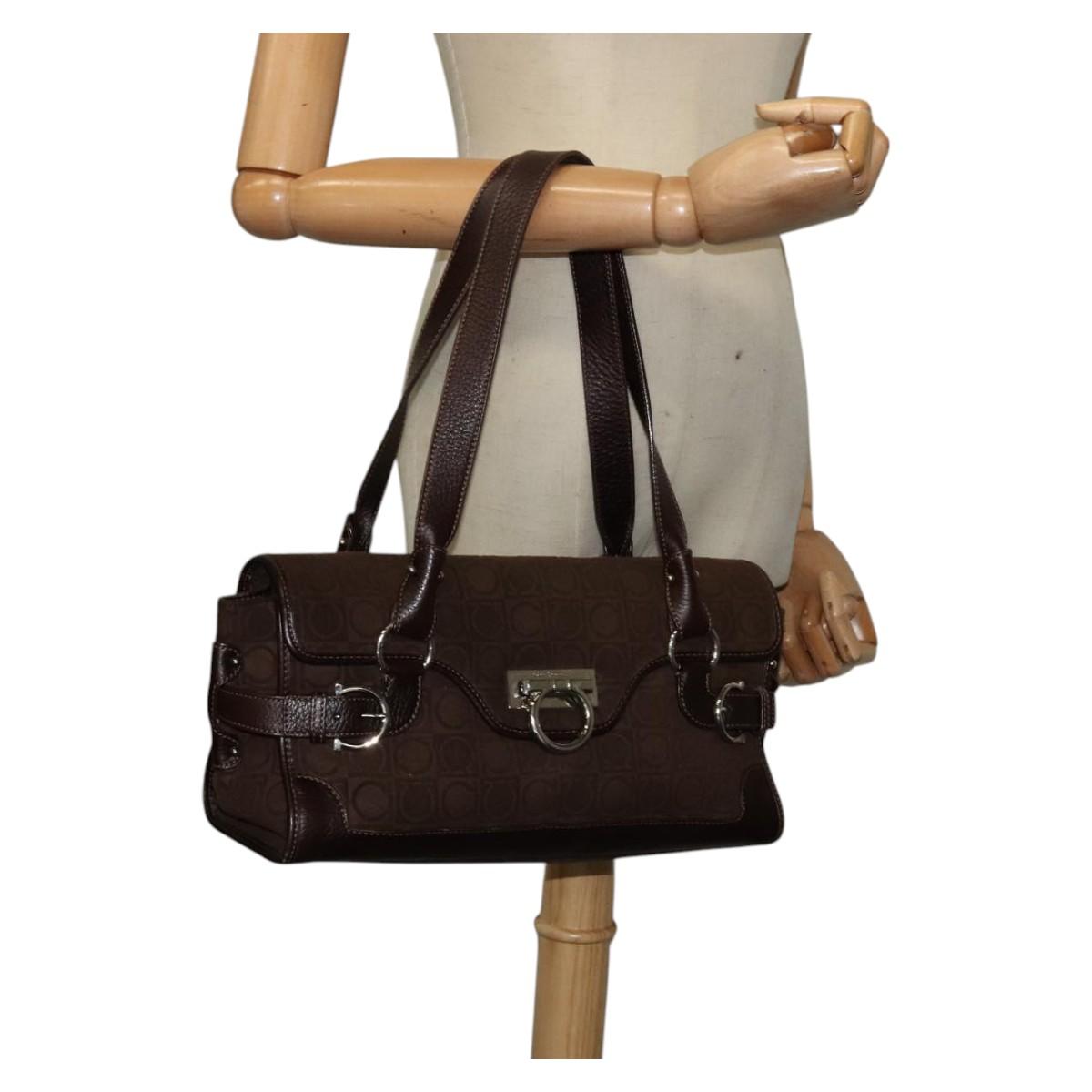 Salvatore Ferragamo Gancini Hand Bag Pile Brown Silver Auth 120195