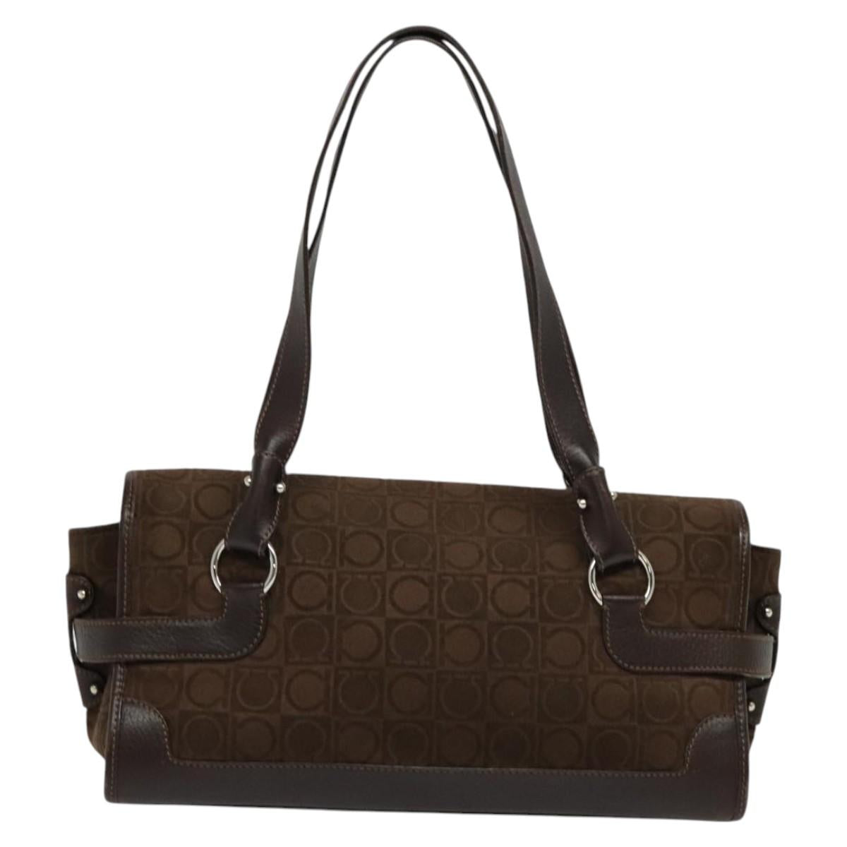 Salvatore Ferragamo Gancini Hand Bag Pile Brown Silver Auth 120195