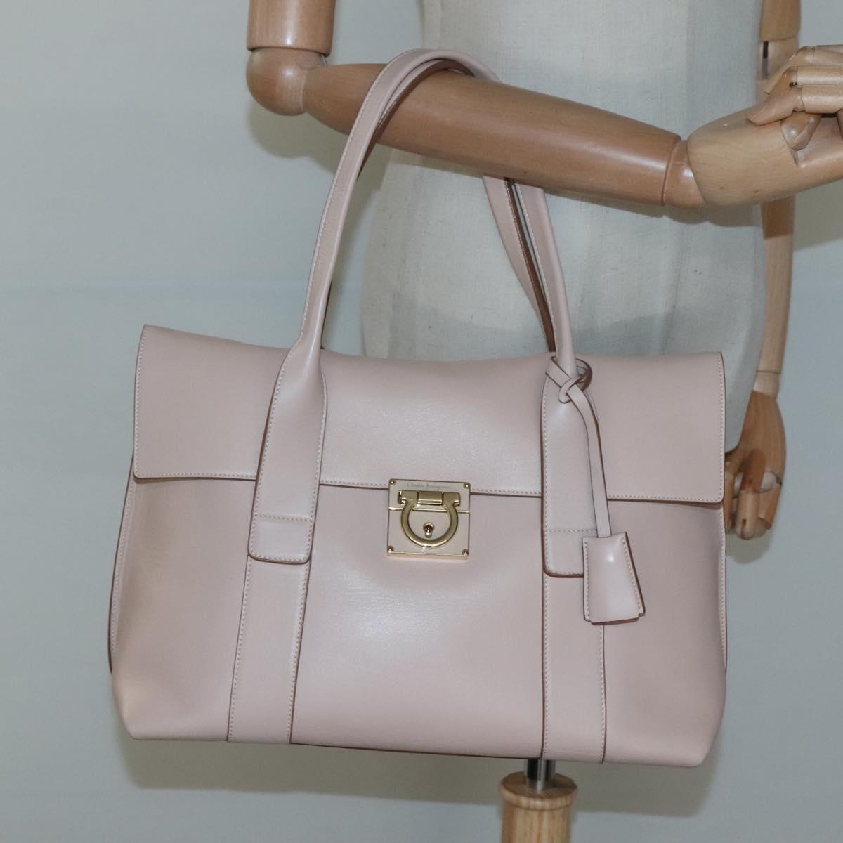 Salvatore Ferragamo Gancini Hand Bag Leather Beige Gold Auth 120197