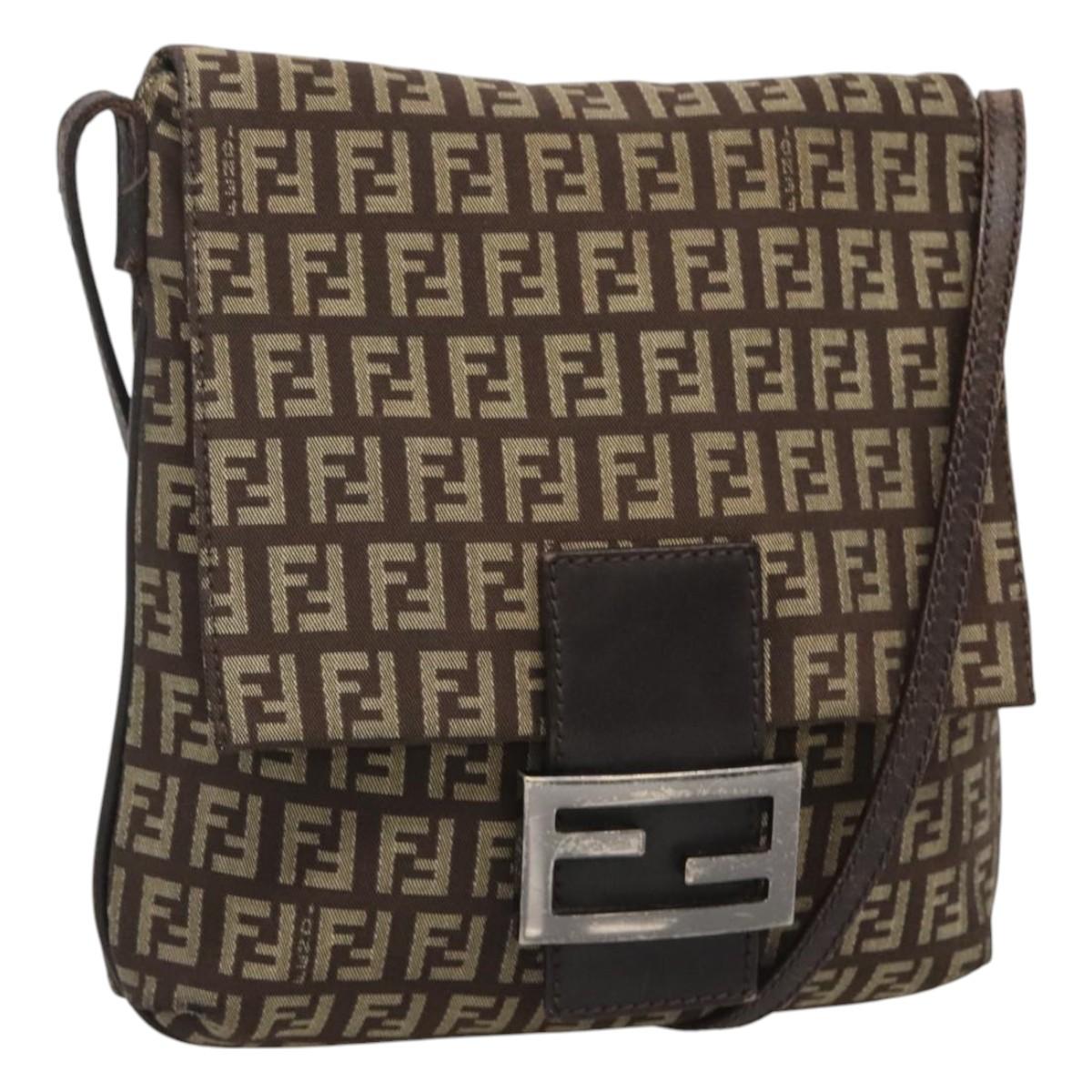 FENDI Zucchino Canvas Shoulder Bag Black Brown Silver Auth 120201