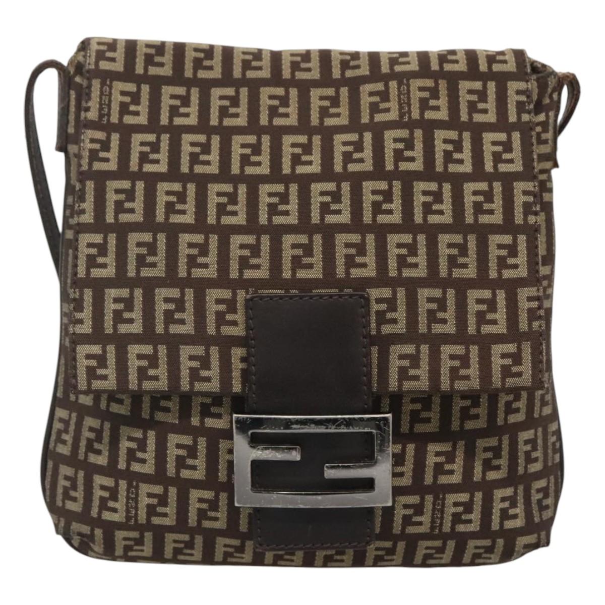 FENDI Zucchino Canvas Shoulder Bag Black Brown Silver Auth 120201
