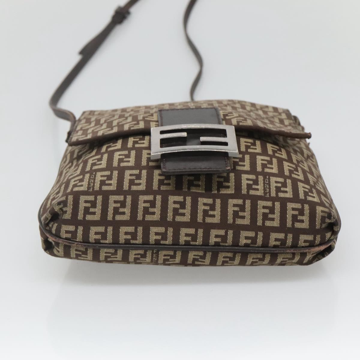 FENDI Zucchino Canvas Shoulder Bag Black Brown Silver Auth 120201