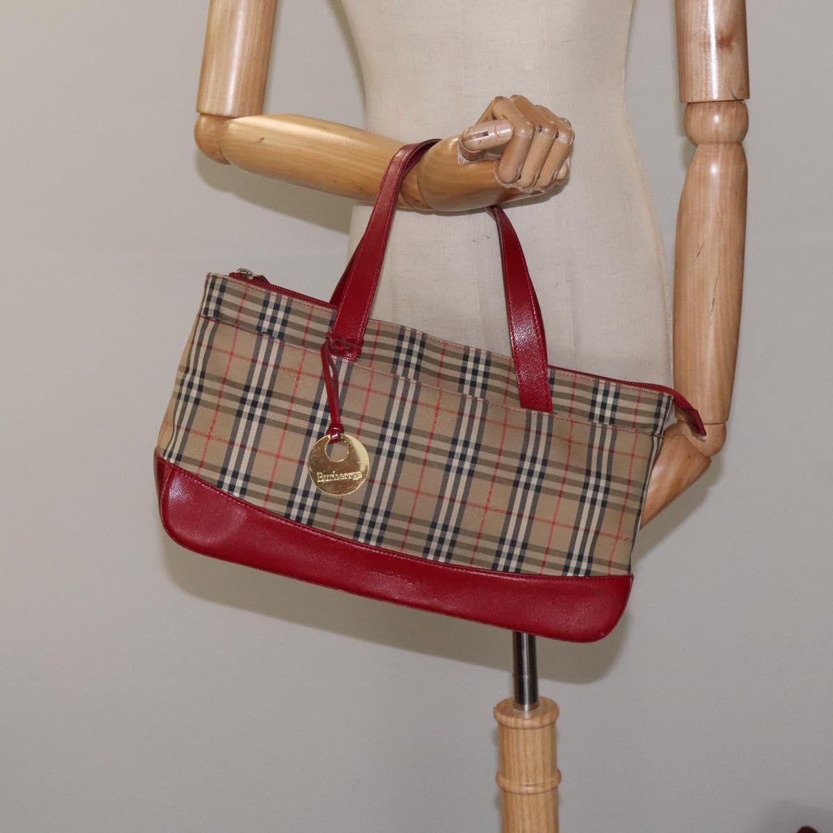 Burberrys Nova Check Hand Bag Canvas Beige Gold Auth 120345