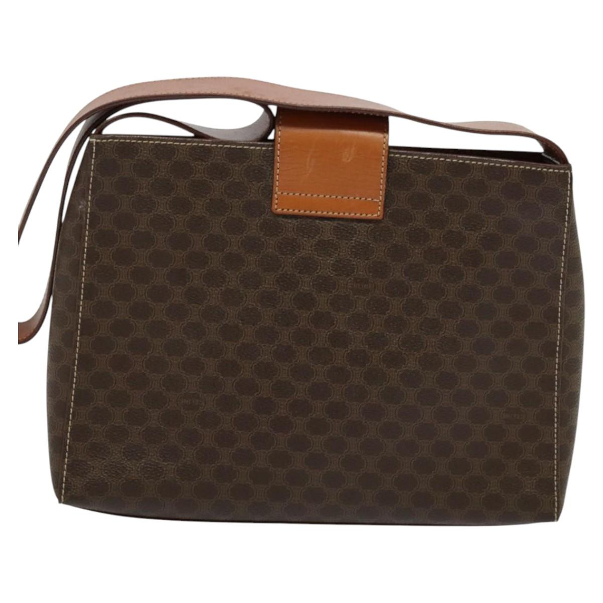 CELINE Macadam Canvas Shoulder Bag PVC Leather Brown Gold Auth 120373