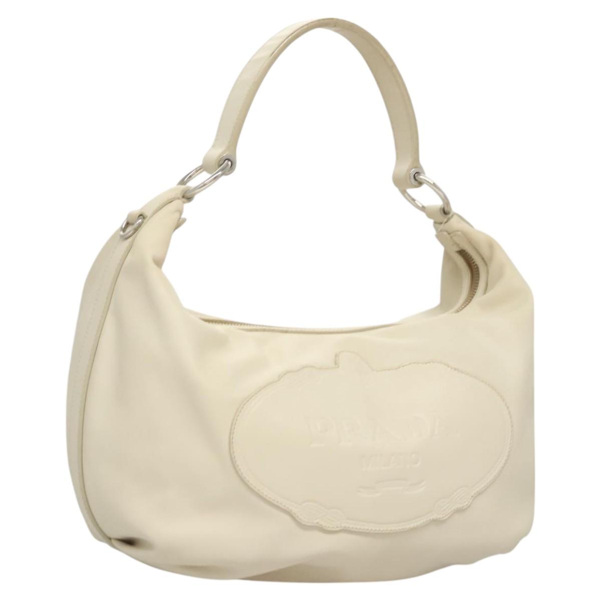 PRADA Shoulder Bag Leather White Silver Auth 120385