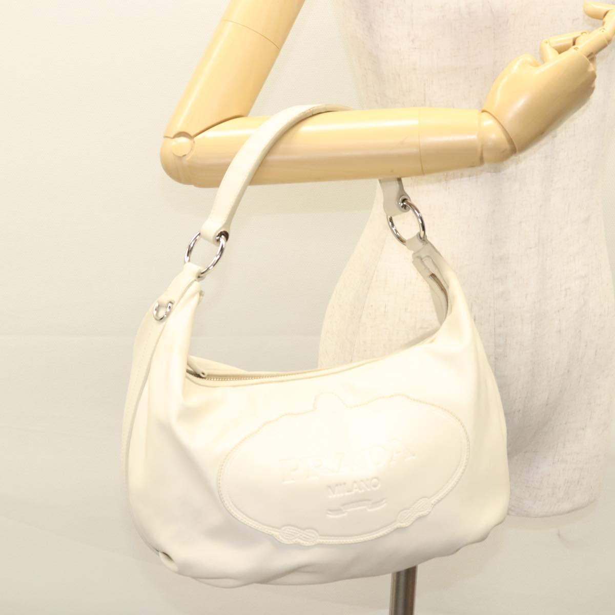 PRADA Shoulder Bag Leather White Silver Auth 120385