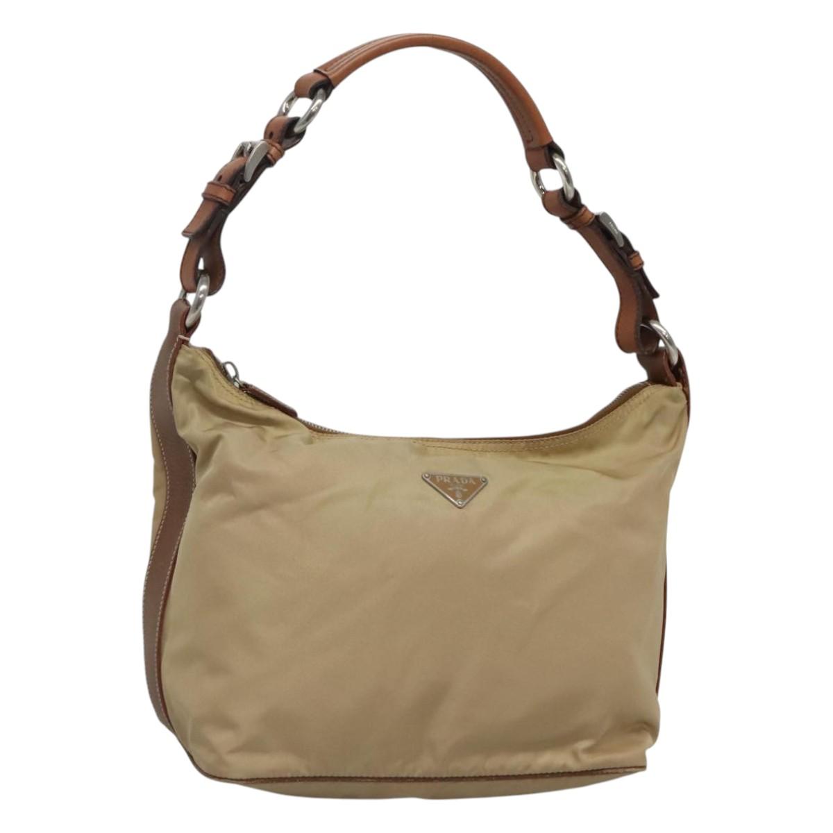 PRADA Shoulder Bag Nylon Beige Silver Auth 120393