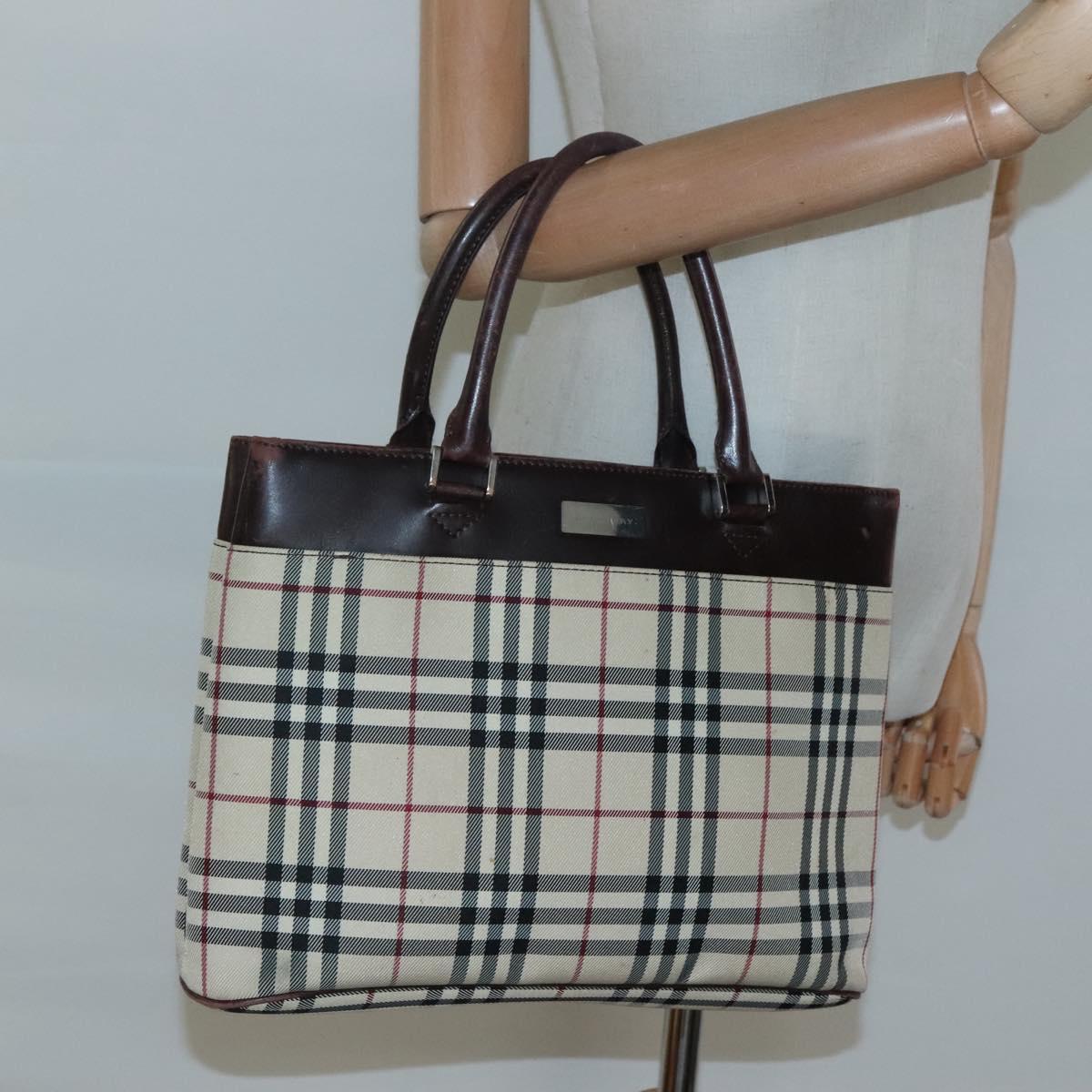 BURBERRY Nova Check Hand Bag Nylon Beige Silver Auth 120399
