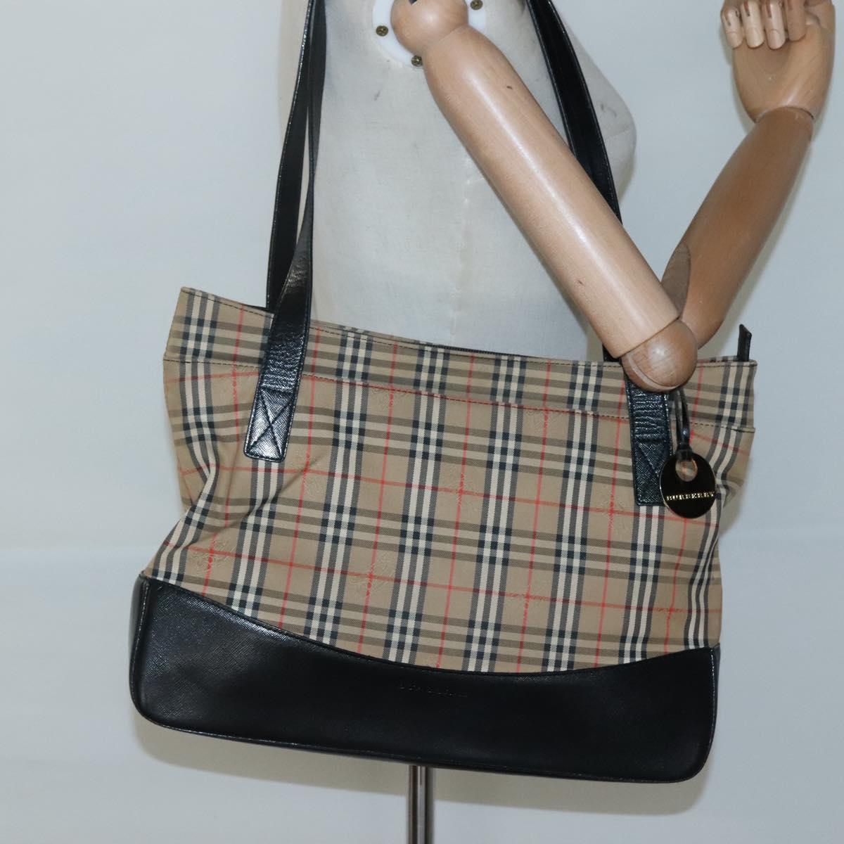 BURBERRY Nova Check Tote Bag Canvas Beige Black gold Auth 120401