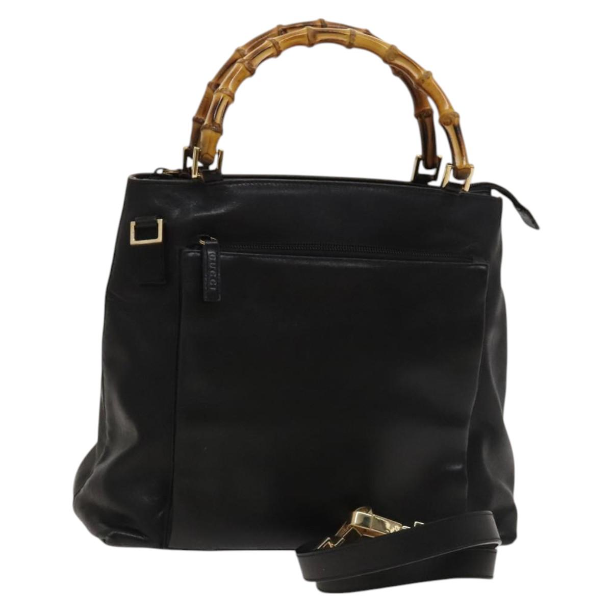 GUCCI Bamboo Hand Bag Leather 2way Black Gold 002 3754 0508 Auth 120409
