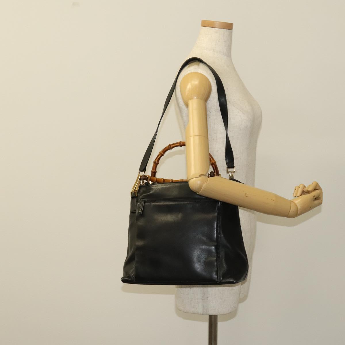 GUCCI Bamboo Hand Bag Leather 2way Black Gold 002 3754 0508 Auth 120409