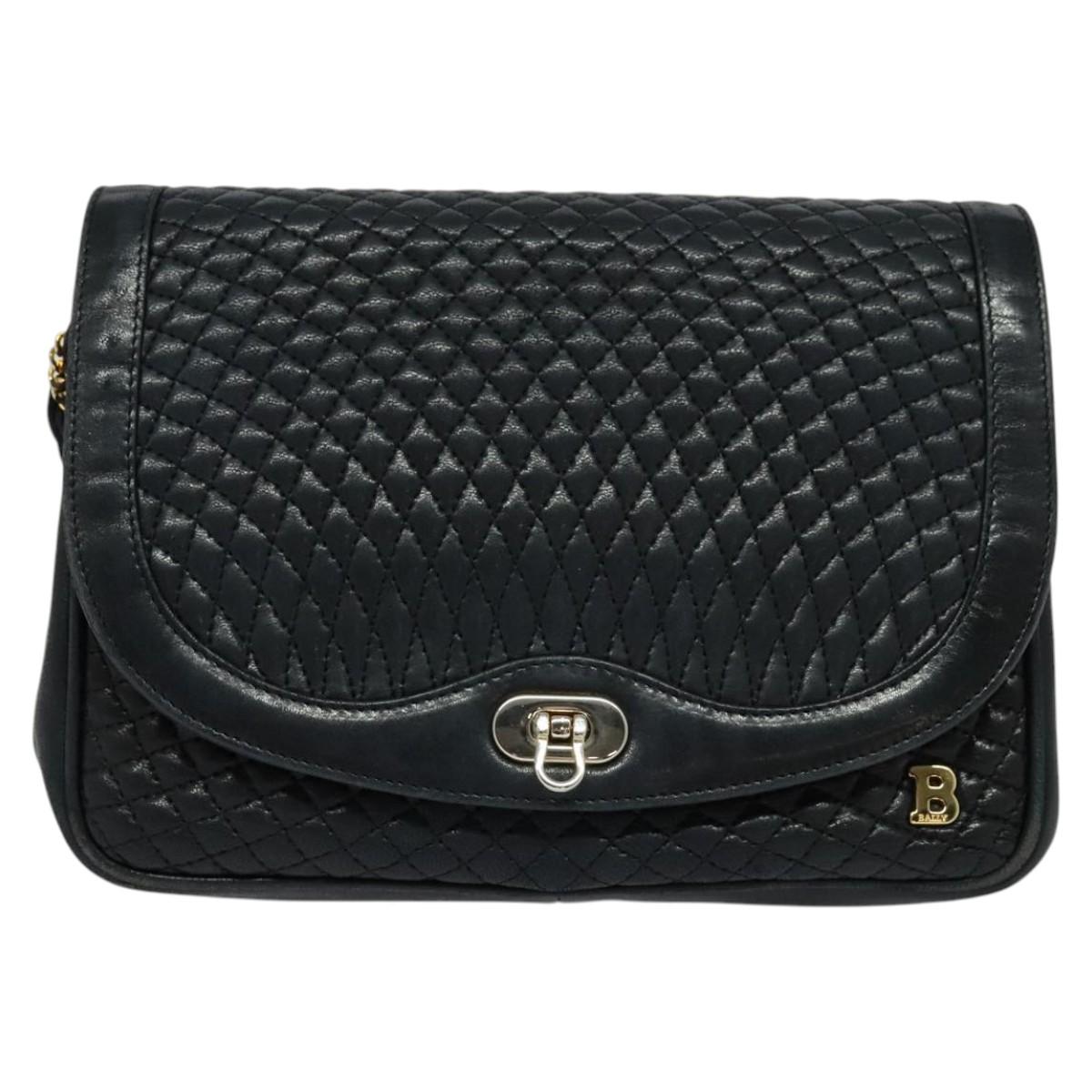 BALLY Quilted Chain Shoulder Bag Leather Navy Gold Auth 120451