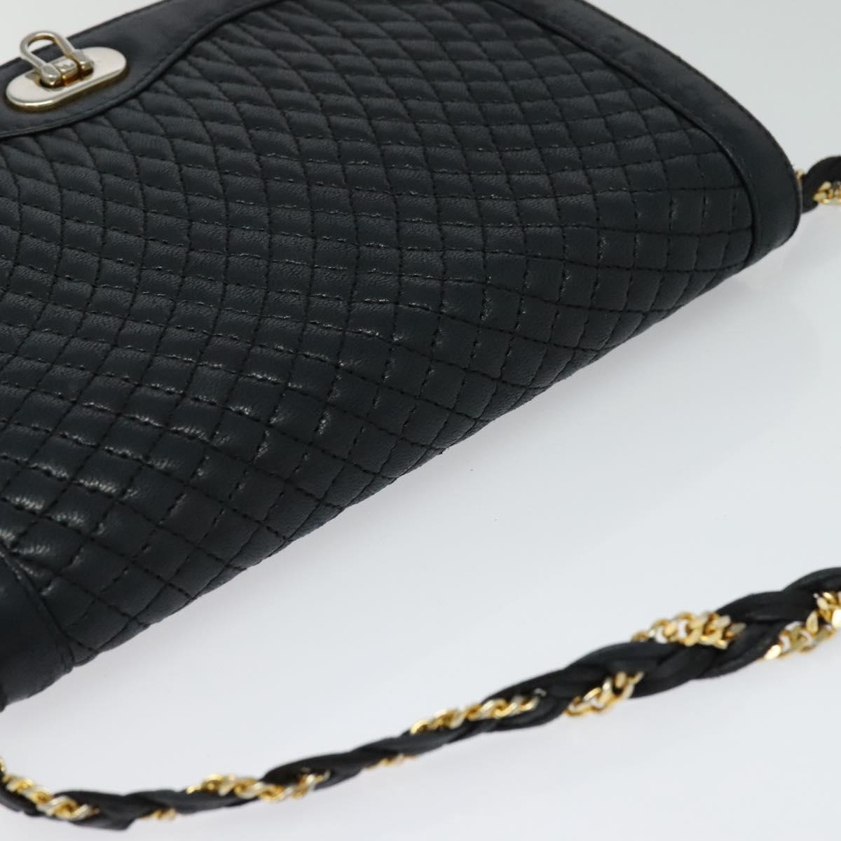 BALLY Quilted Chain Shoulder Bag Leather Navy Gold Auth 120451