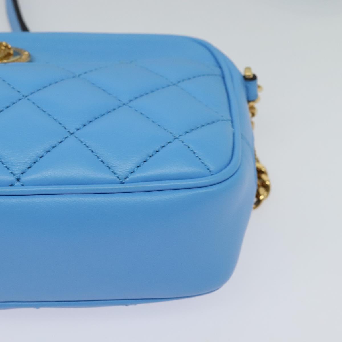 VERSACE Quilted Chain Shoulder Bag Leather Blue Gold Auth 120479A